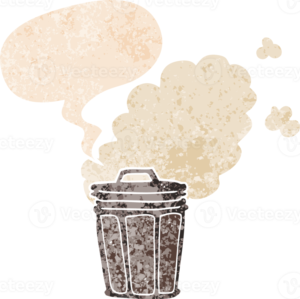 cartoon stinky garbage can with speech bubble in grunge distressed retro textured style png