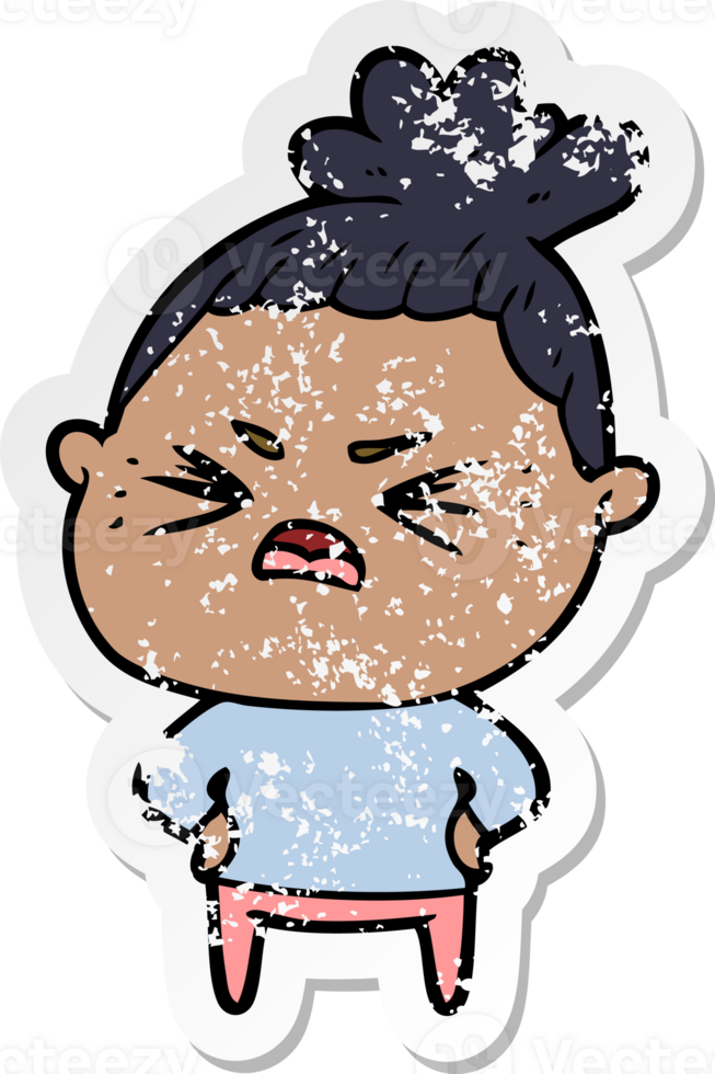 distressed sticker of a cartoon angry woman png