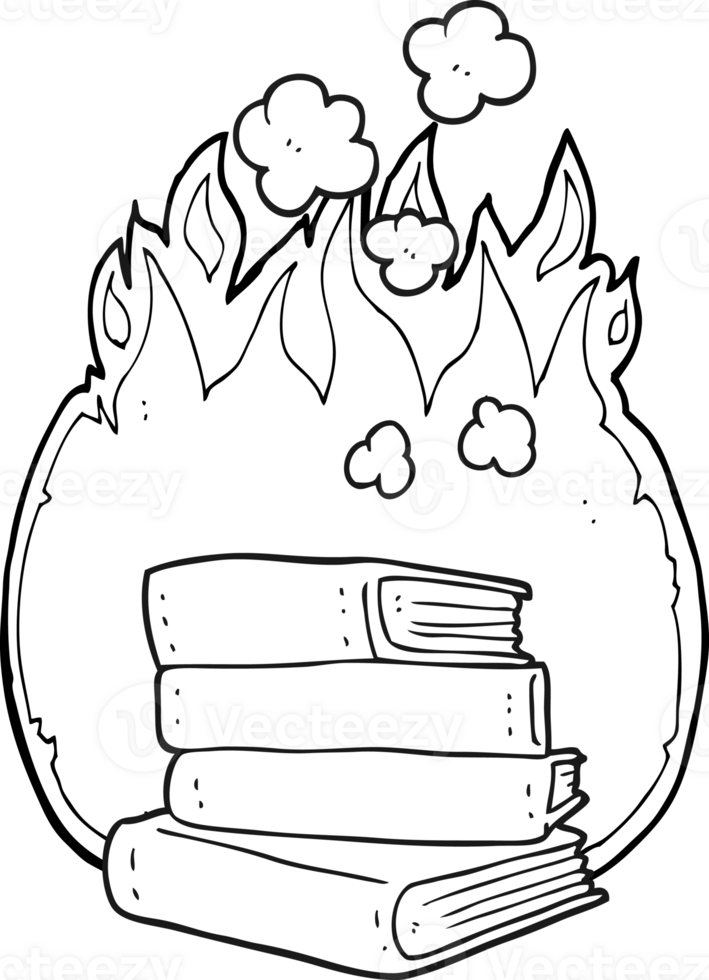 hand drawn black and white cartoon stack of books burning png