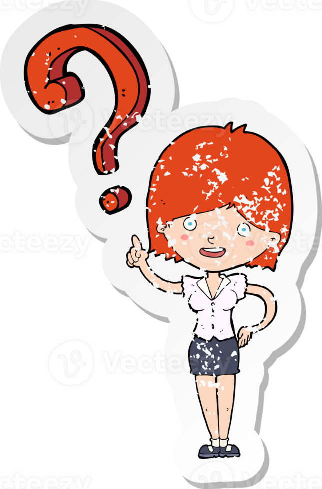 retro distressed sticker of a cartoon woman asking question png