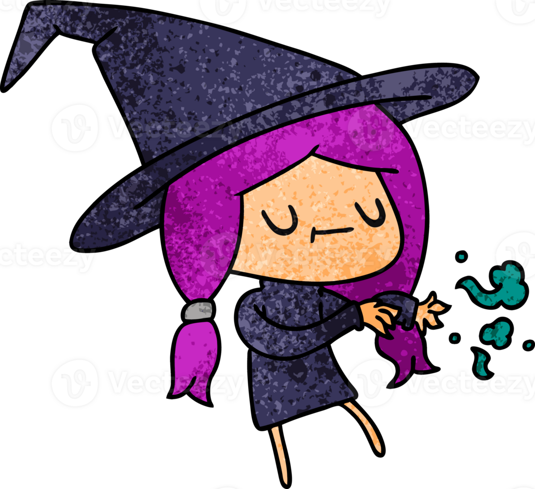 hand drawn textured cartoon of cute kawaii witch png