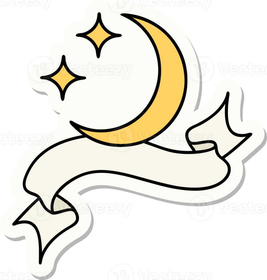 tattoo style sticker with banner of a moon and stars png