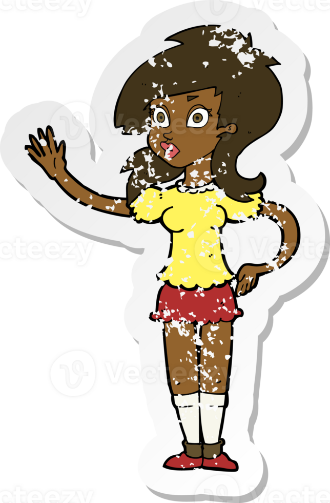 retro distressed sticker of a cartoon pretty woman waving for attention png
