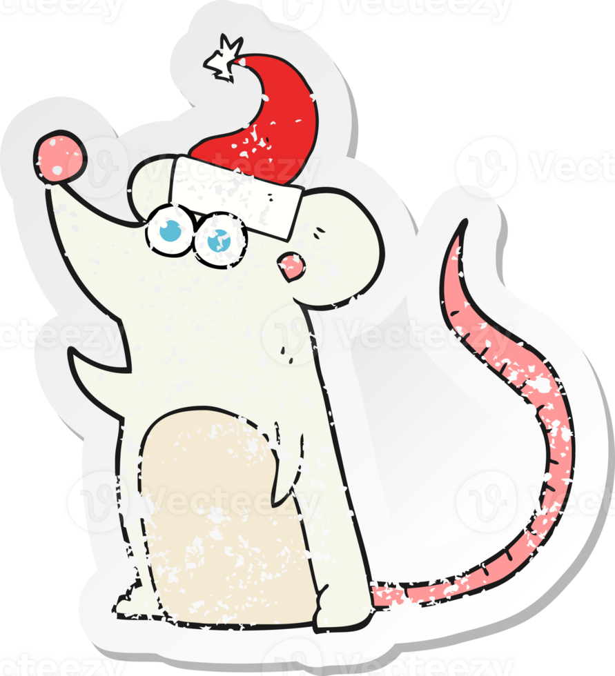 retro distressed sticker of a cartoon mouse in christmas hat png