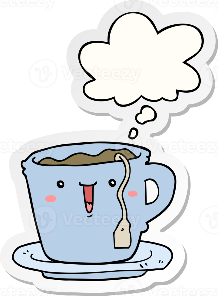 cute cartoon cup and saucer with thought bubble as a printed sticker png