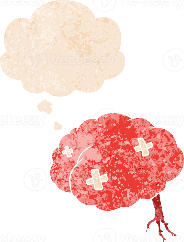 cartoon injured brain with thought bubble in grunge distressed retro textured style png