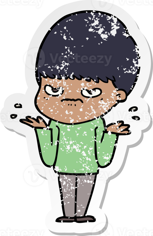 distressed sticker of a annoyed cartoon boy png