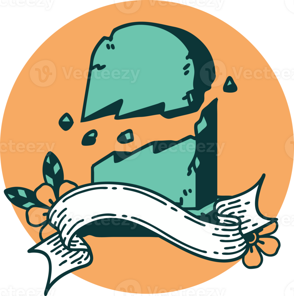 tattoo style icon with banner of a broken grave stone png