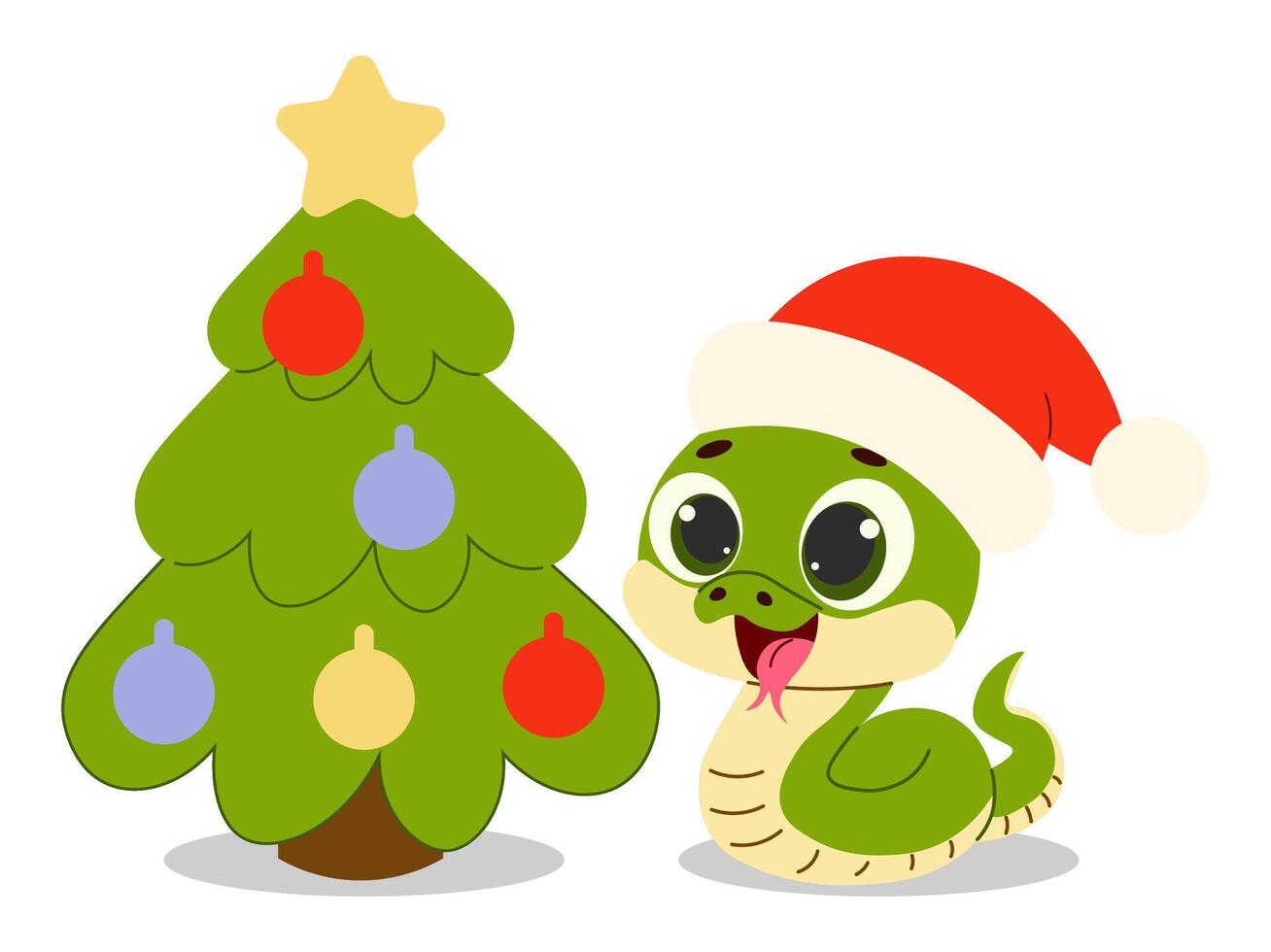 cute green snake in Santa hat and Christmas tree. Merry Christmas and Happy New year. vector