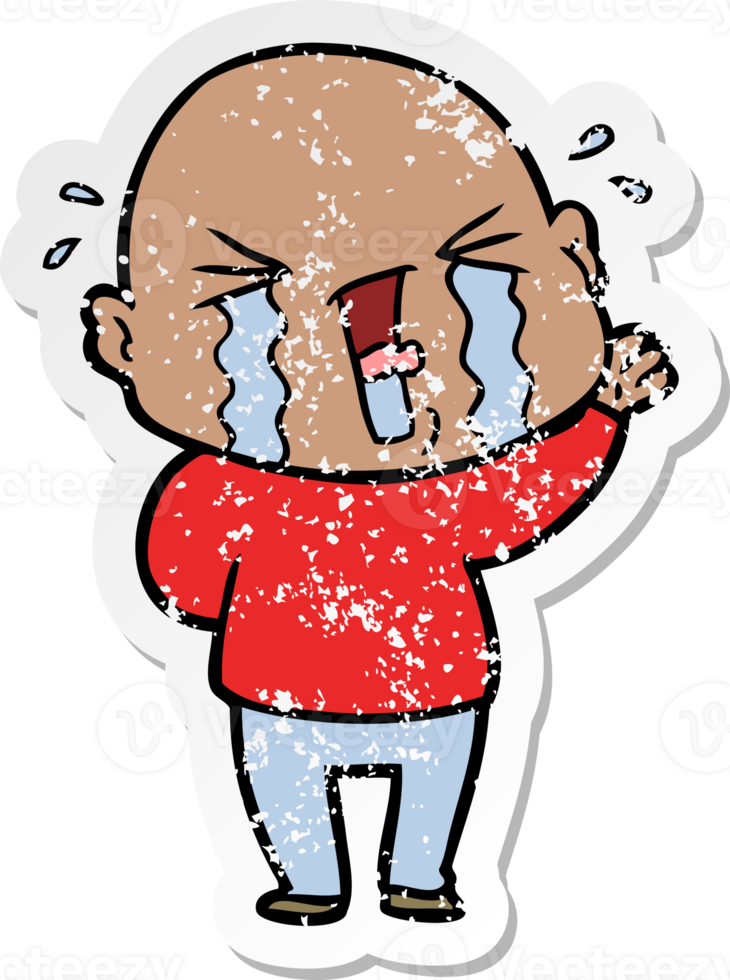 distressed sticker of a cartoon crying bald man png