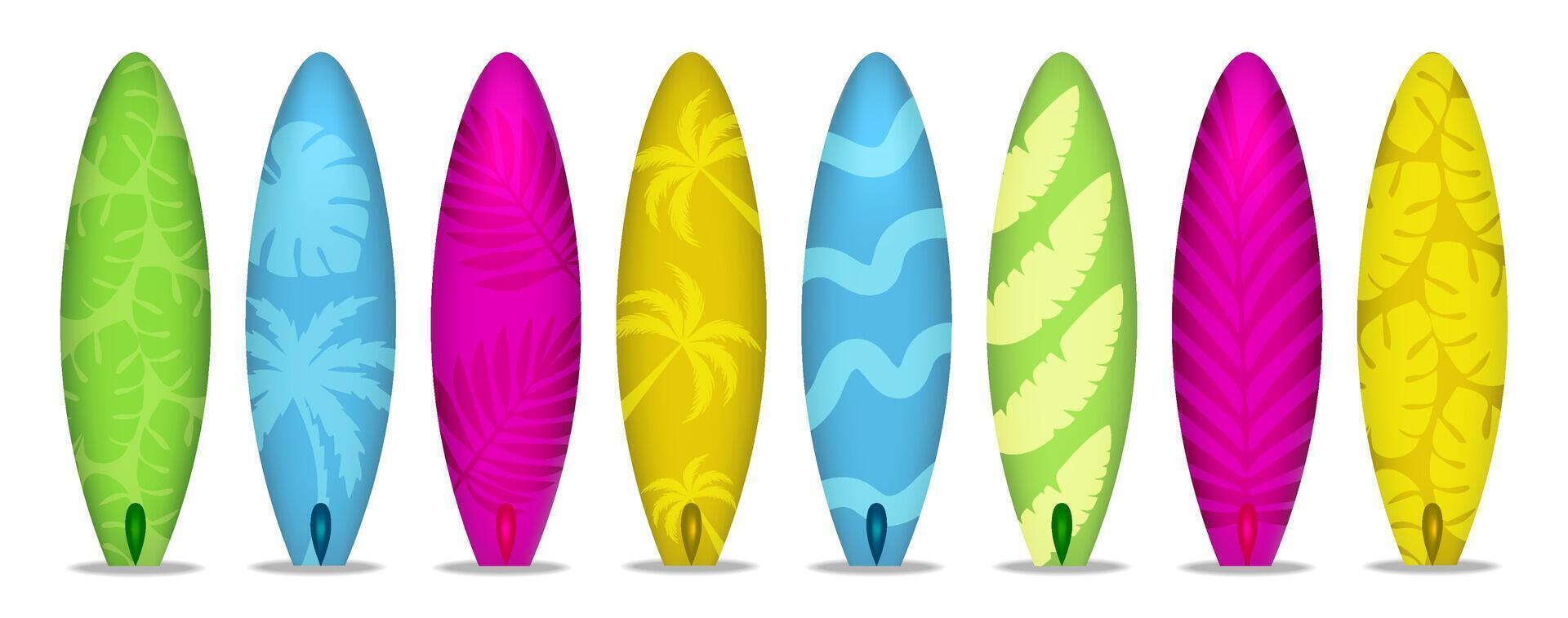 Set of 3D color surfboards on transparent background. illustration. Sport and relax vector