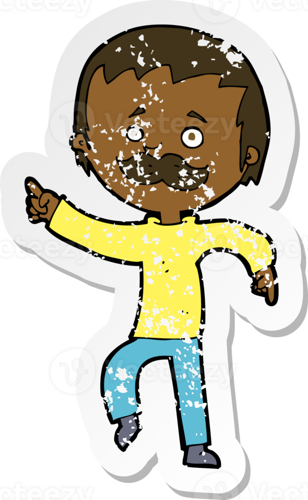 retro distressed sticker of a cartoon man with mustache pointing png