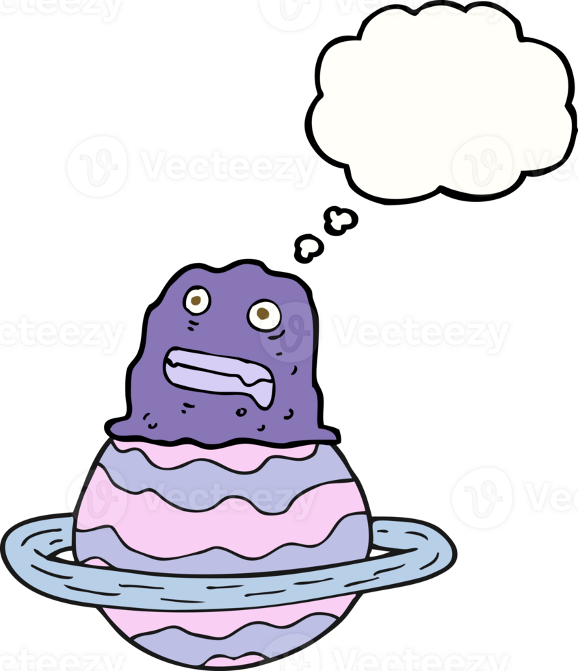 hand drawn thought bubble cartoon alien on planet png