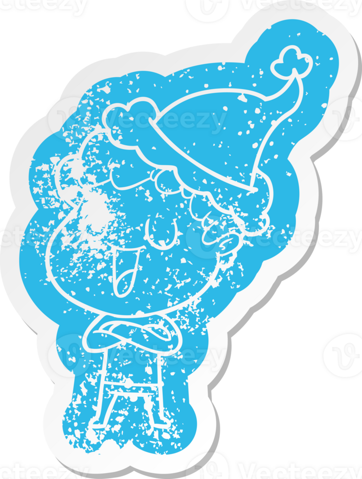 laughing quirky cartoon distressed sticker of a man wearing santa hat png