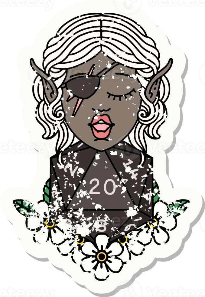 Retro Tattoo Style elf rogue character with natural twenty dice roll png