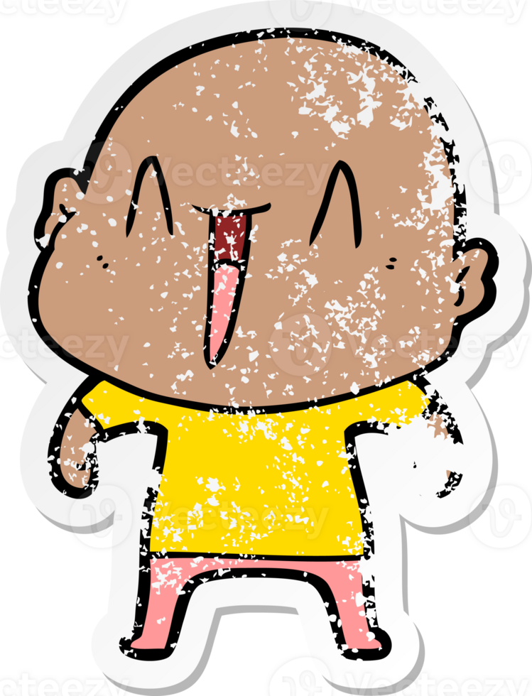 distressed sticker of a happy cartoon bald man png