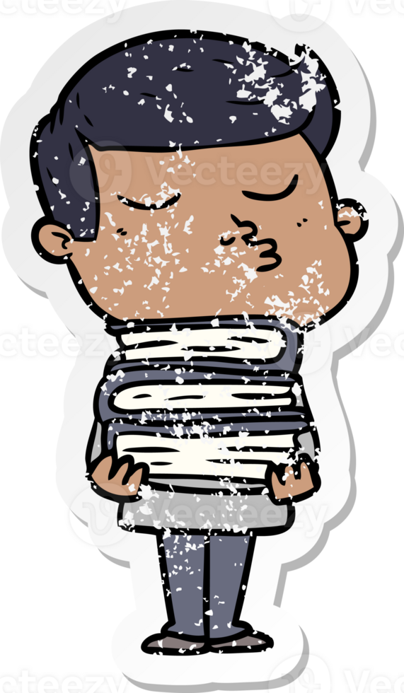 distressed sticker of a cartoon model guy pouting holding books png