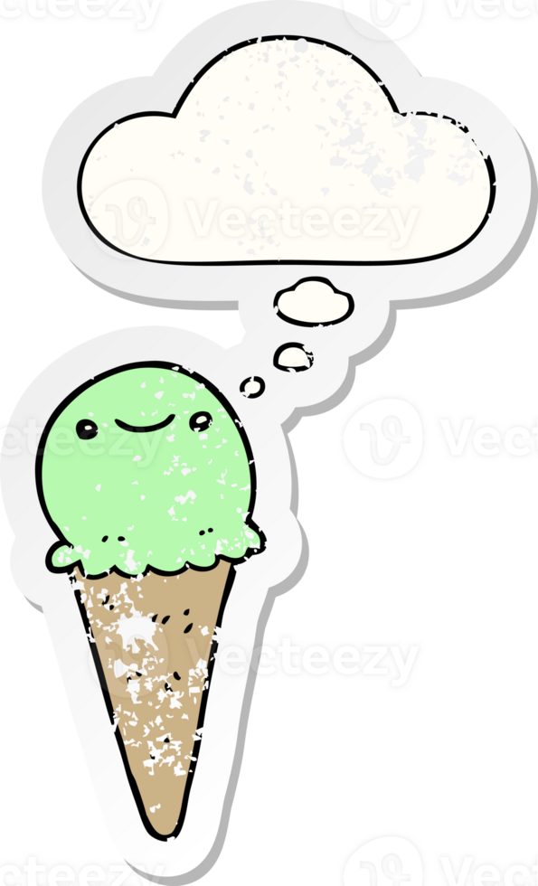 cartoon ice cream with thought bubble as a distressed worn sticker png