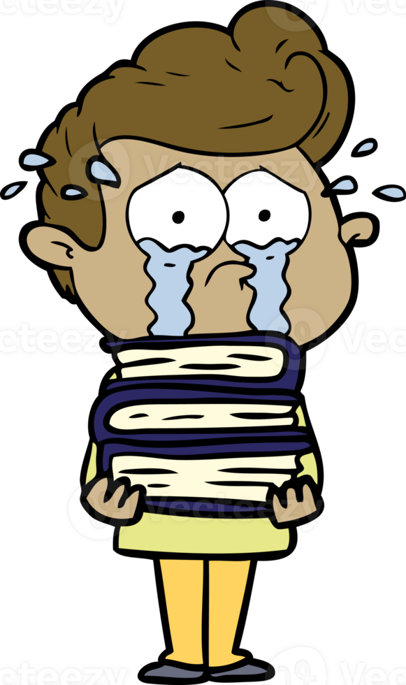 cartoon crying student with stack of books png