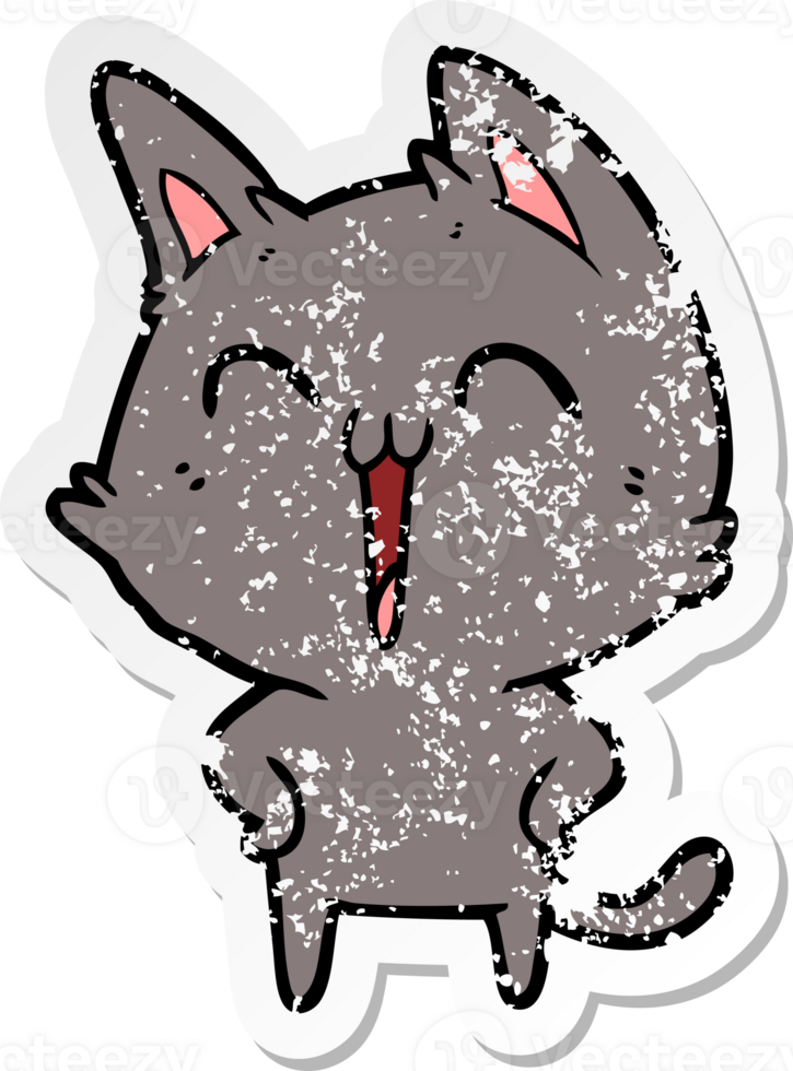 distressed sticker of a happy cartoon cat meowing png