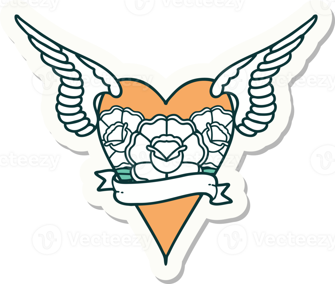 sticker of tattoo in traditional style of a flying heart with flowers and banner png