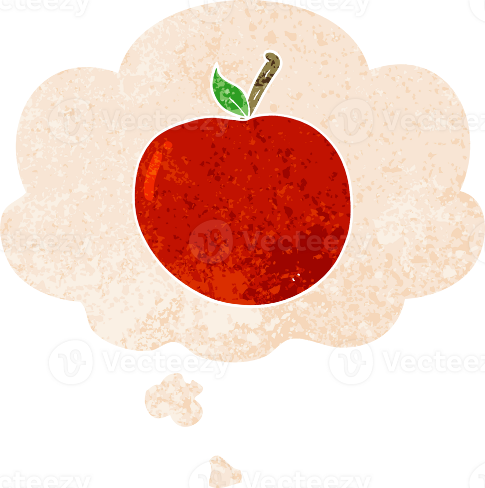 cartoon apple with thought bubble in grunge distressed retro textured style png