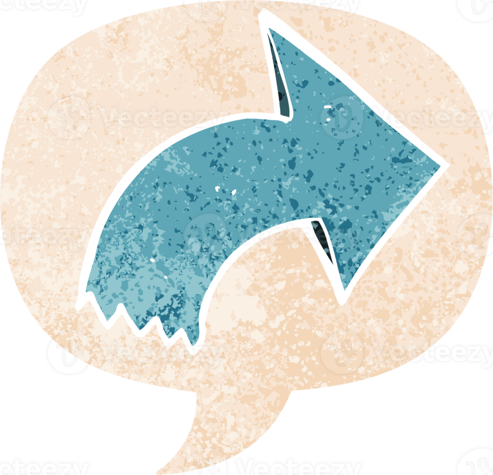 cartoon pointing arrow with speech bubble in grunge distressed retro textured style png