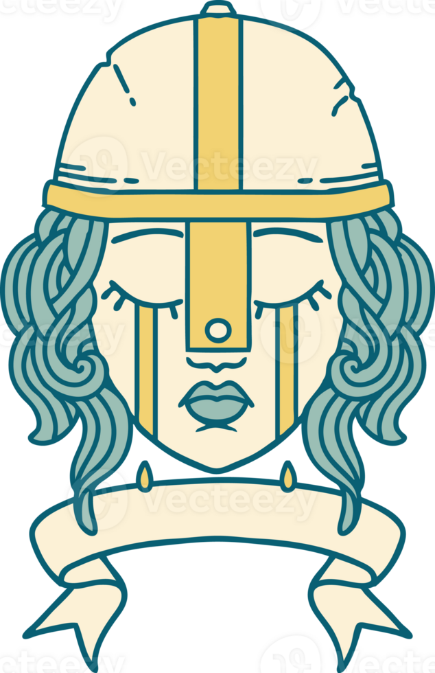 Retro Tattoo Style crying human fighter character with banner png