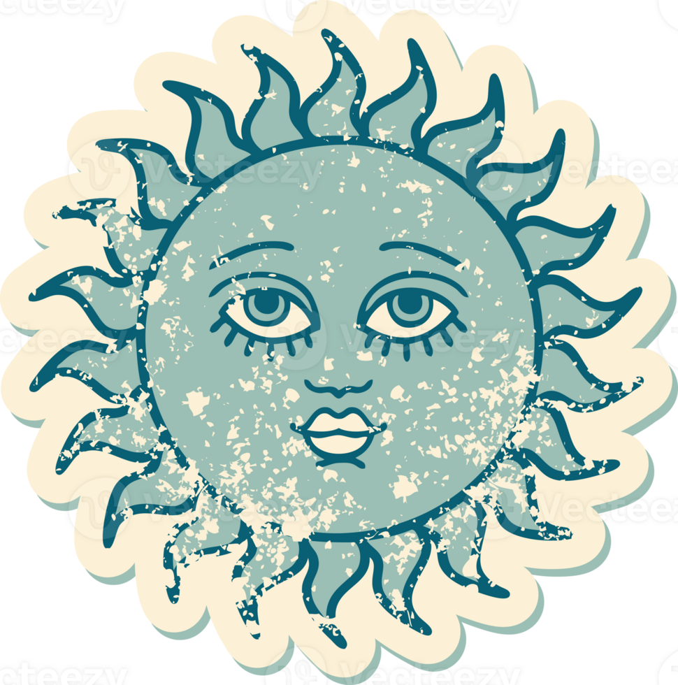 iconic distressed sticker tattoo style image of a sun with face png