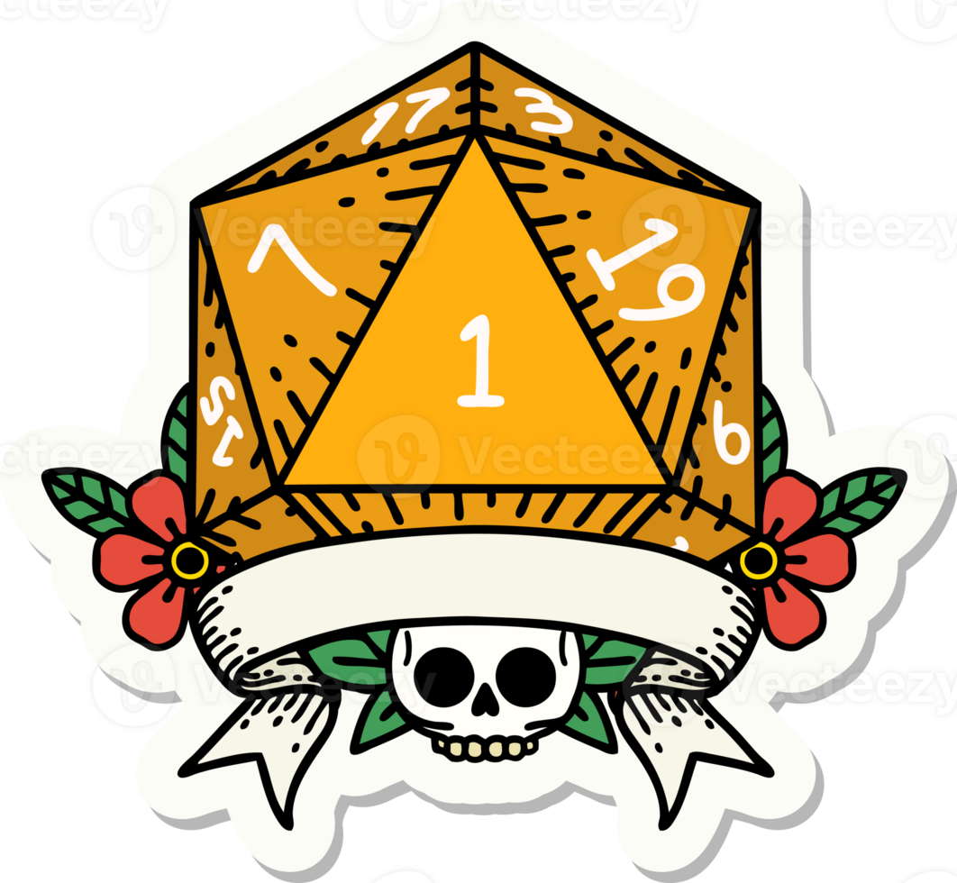 sticker of a natural one d20 dice roll png