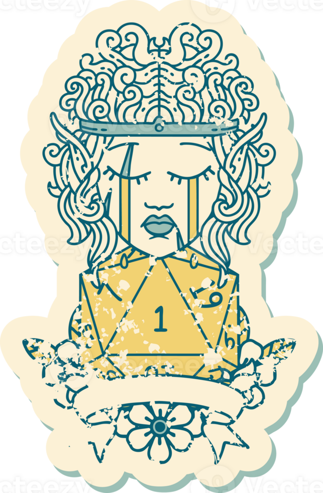 Retro Tattoo Style sad elf barbarian character with natural one roll png
