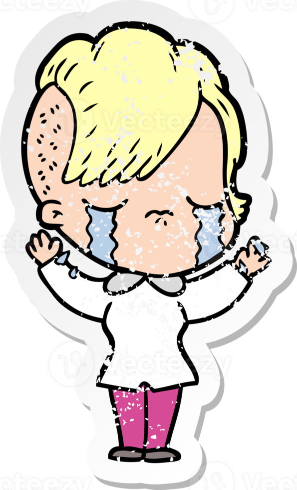 distressed sticker of a cartoon crying girl png