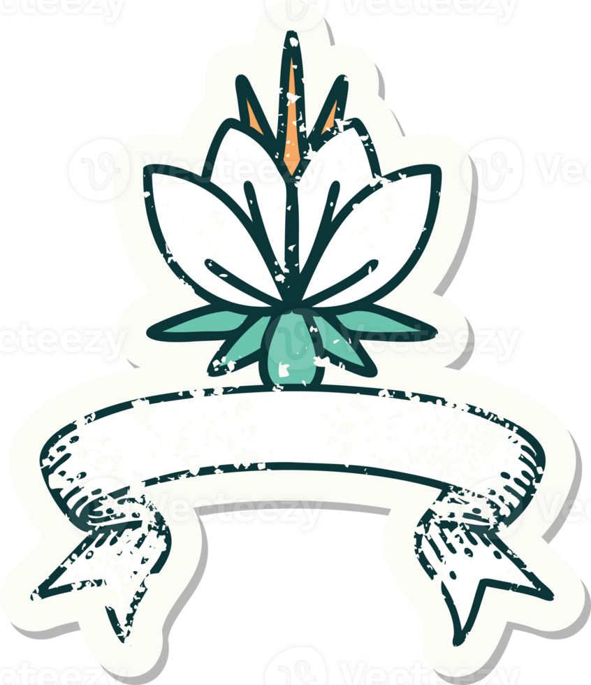 worn old sticker with banner of a water lily png