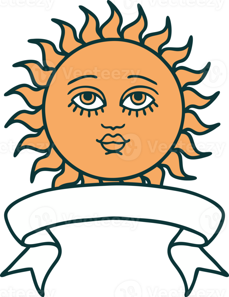 traditional tattoo with banner of a sun with face png