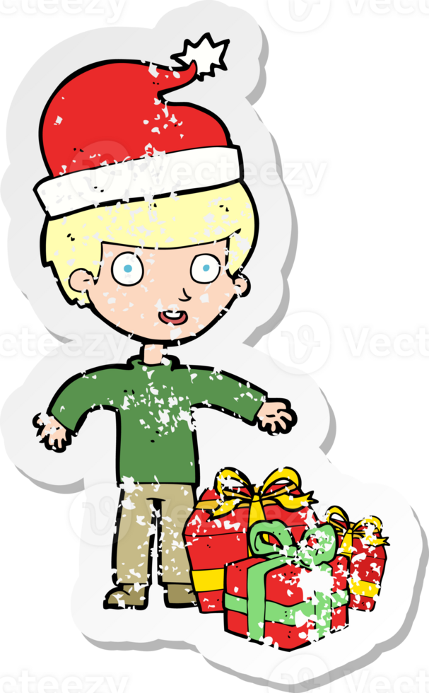 retro distressed sticker of a cartoon boy with present png