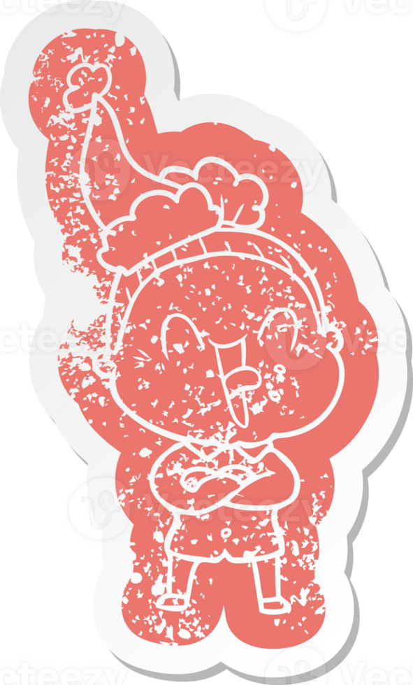 quirky cartoon distressed sticker of a happy old woman wearing santa hat png