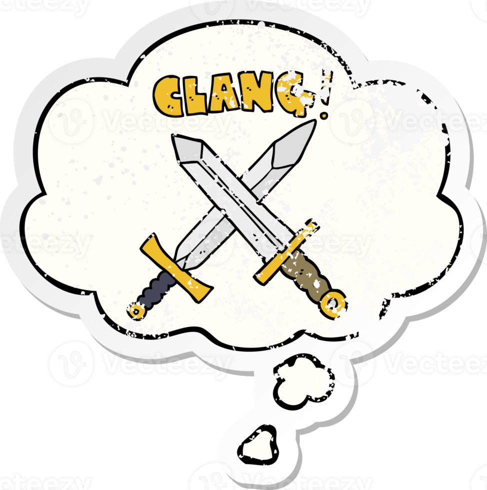 cartoon sword fight with thought bubble as a distressed worn sticker png