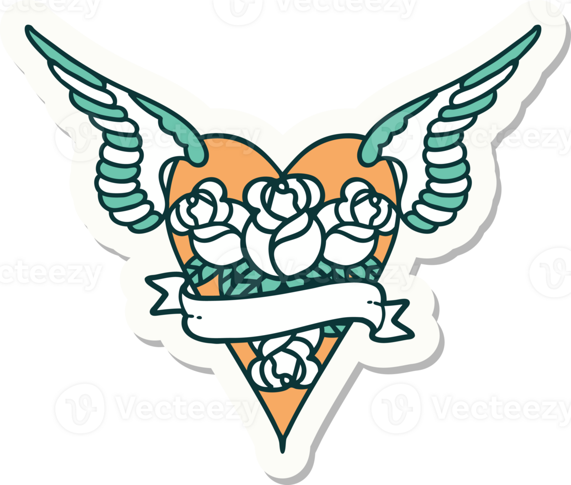 sticker of tattoo in traditional style of a flying heart with flowers and banner png