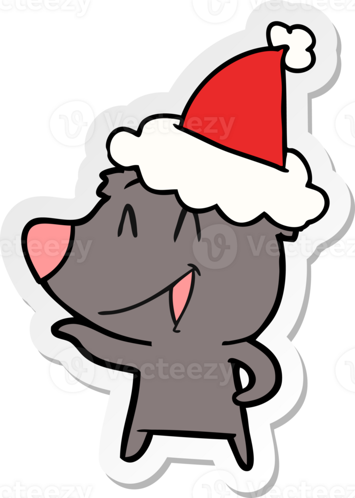 laughing bear hand drawn sticker cartoon of a wearing santa hat png