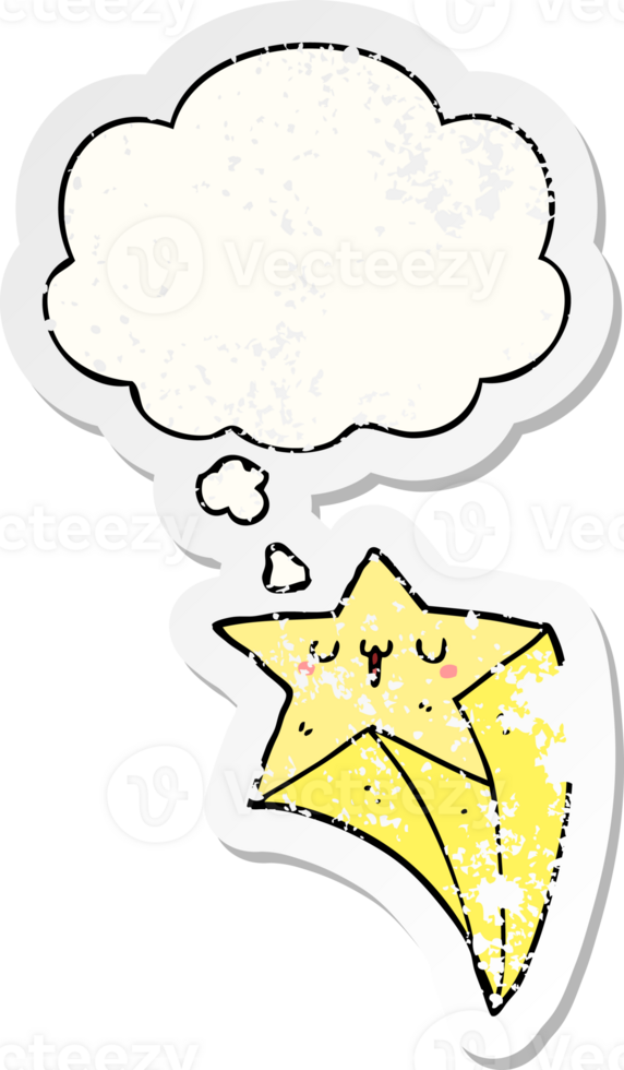 cartoon shooting star with thought bubble as a distressed worn sticker png