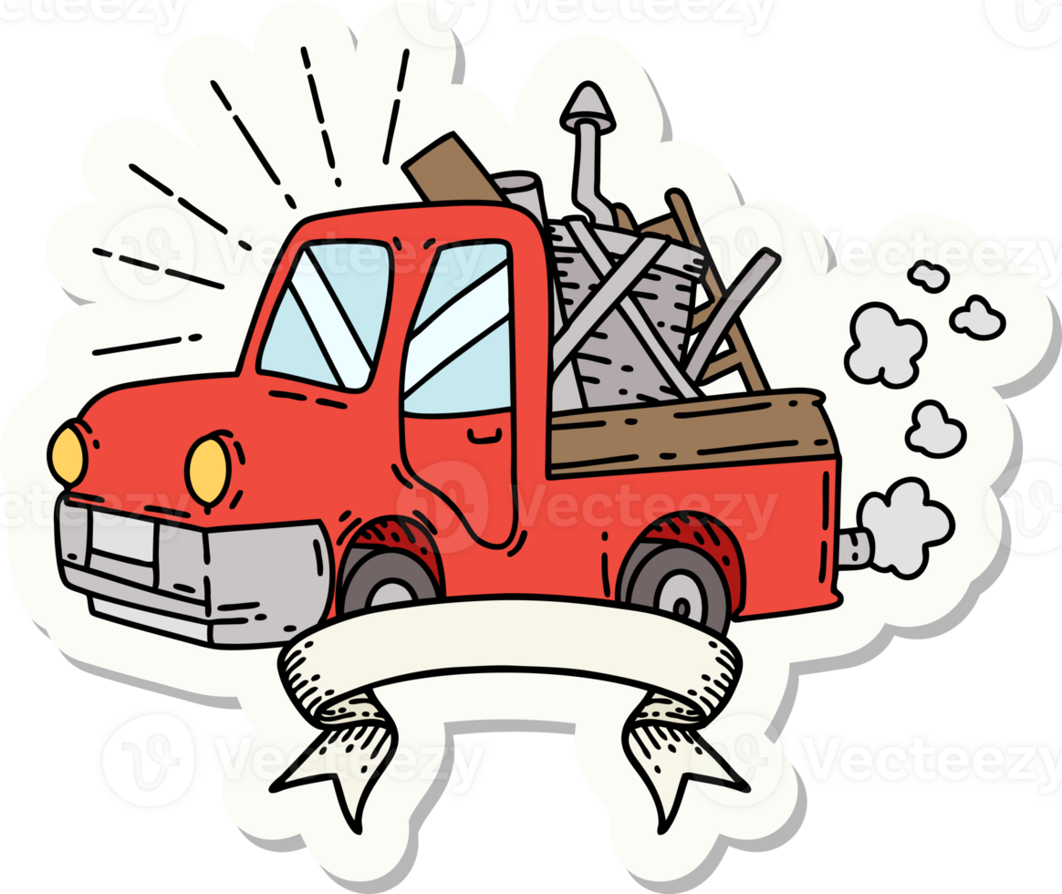 sticker of a tattoo style truck carrying junk png