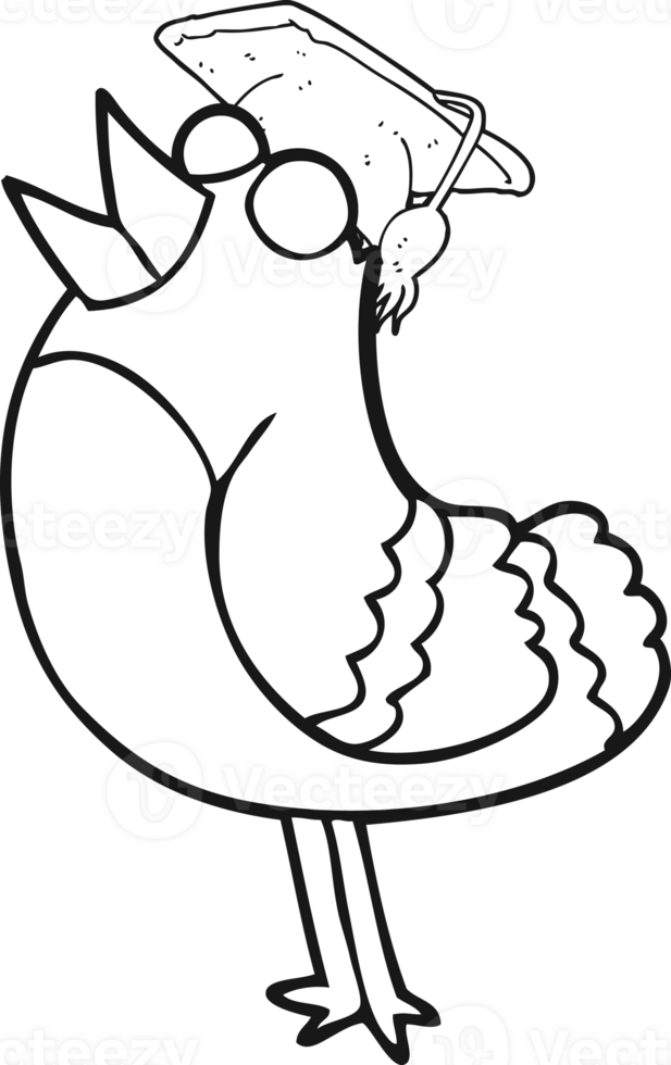 hand drawn black and white cartoon bird wearing graduation cap png