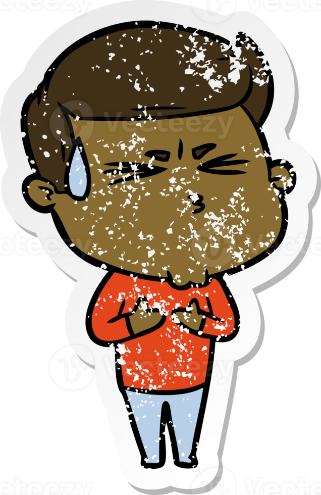 distressed sticker of a cartoon man sweating png