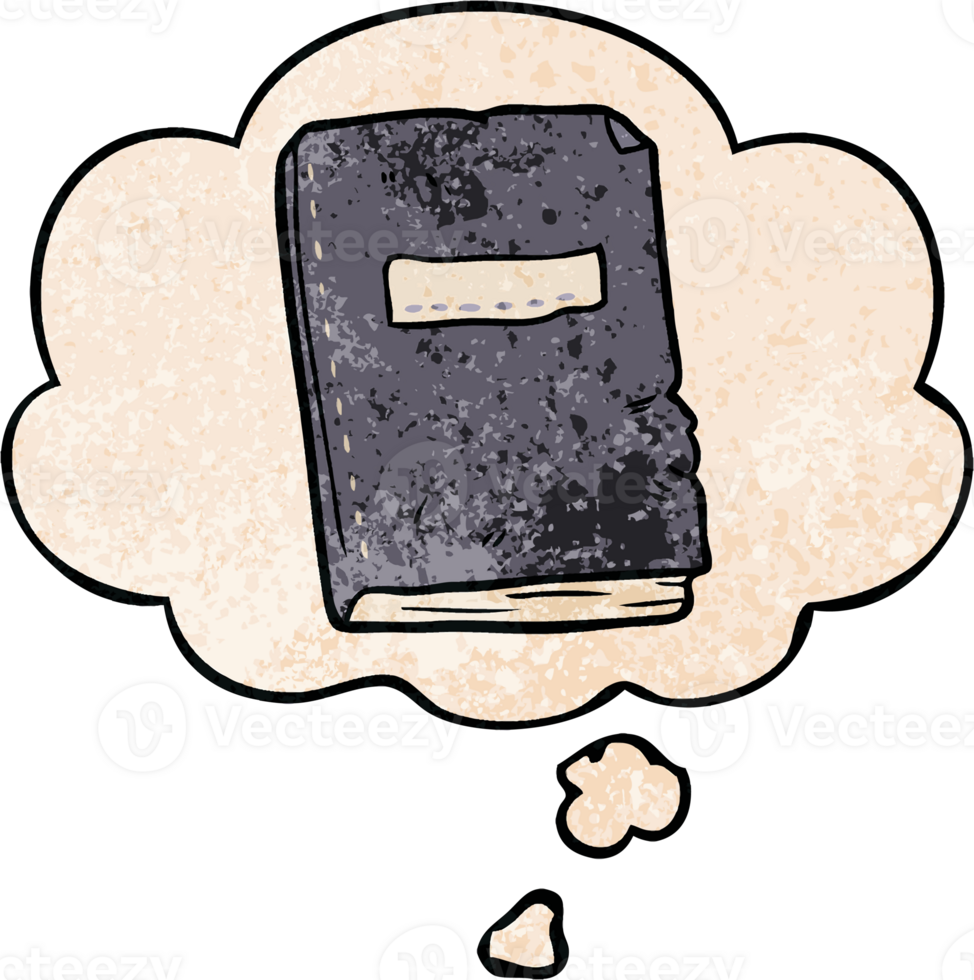 cartoon battered old notebook with thought bubble in grunge texture style png