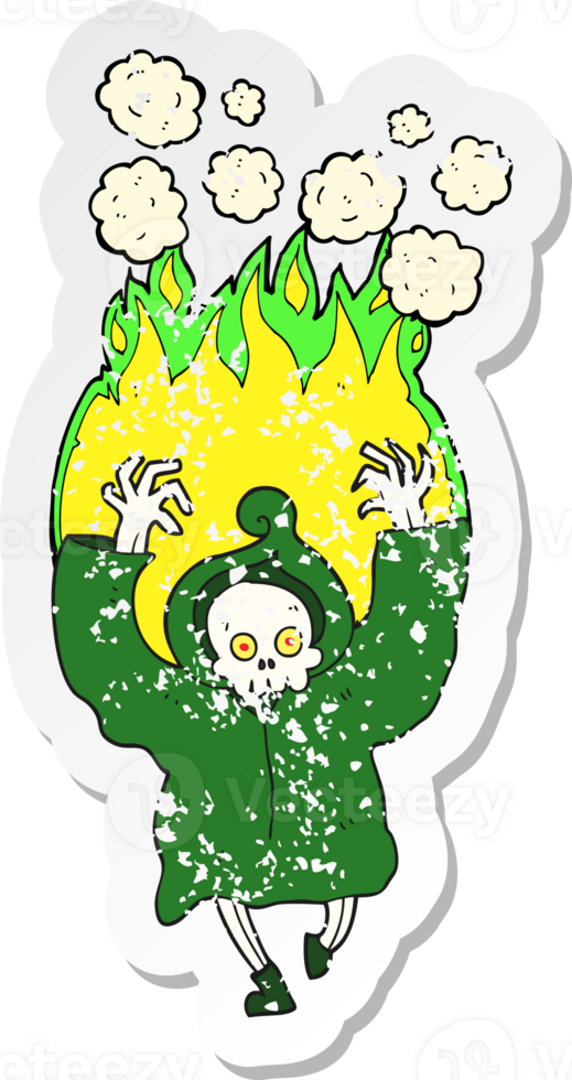 retro distressed sticker of a cartoon dancing flaming death skeleton png