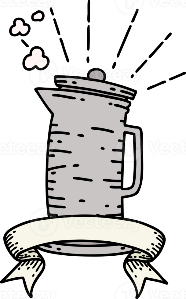 scroll banner with tattoo style coffee jug png
