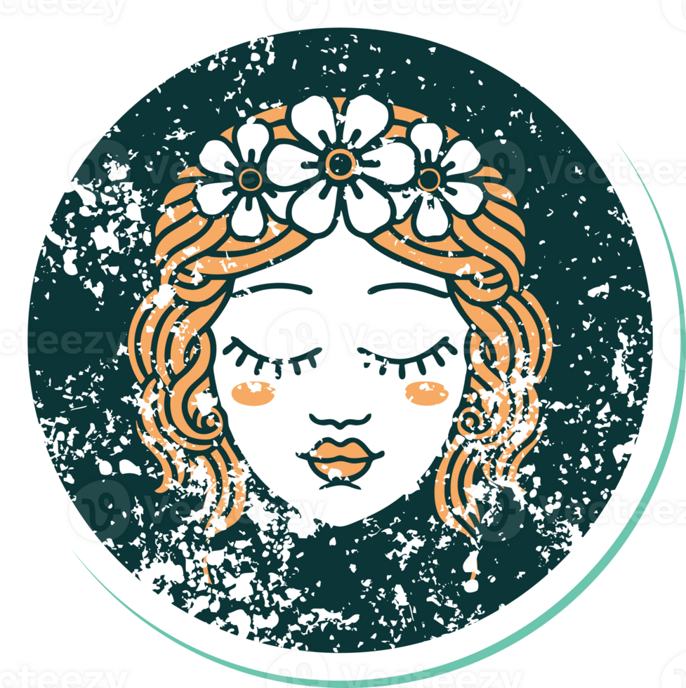 iconic distressed sticker tattoo style image of female face with eyes closed png