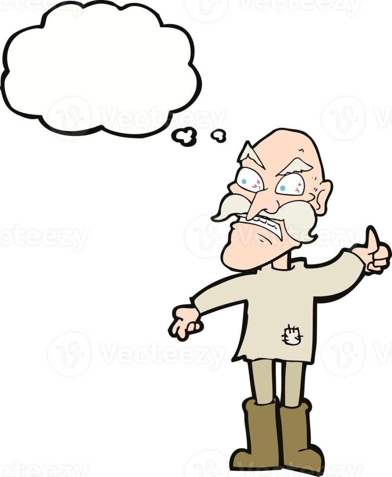 cartoon angry old man in patched clothing with thought bubble png