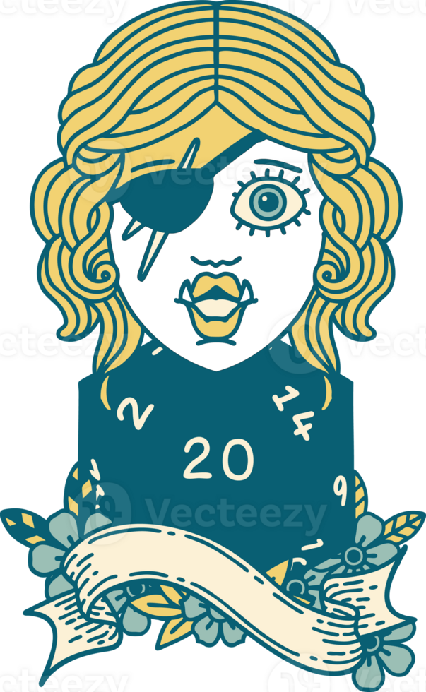 Retro Tattoo Style orc rogue character with natural twenty dice roll png