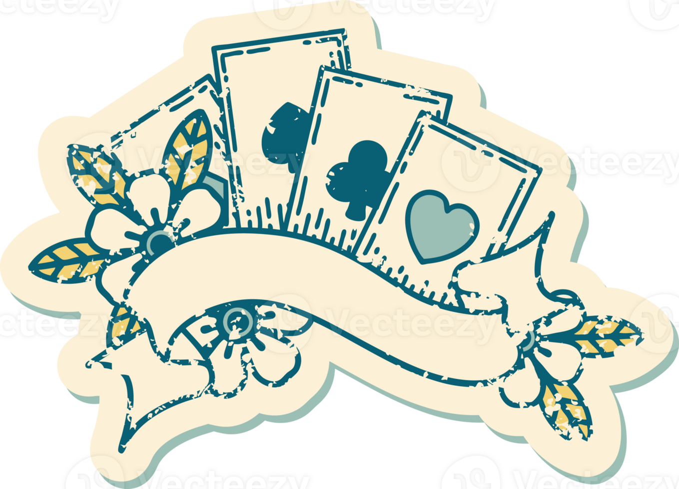 iconic distressed sticker tattoo style image of cards and banner png